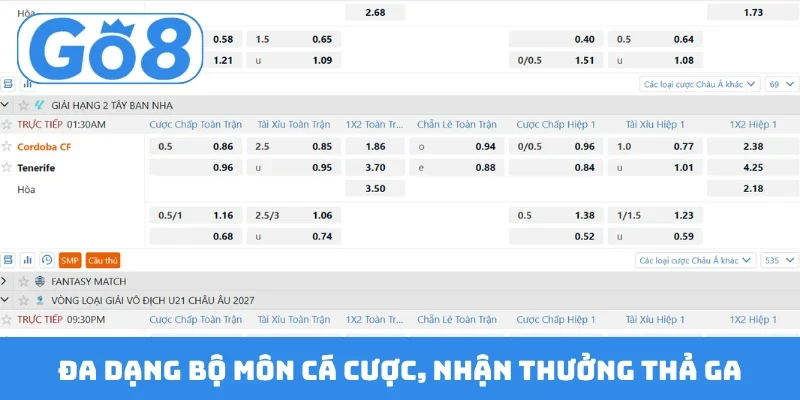 Đa dạng bộ môn cá cược, nhận thưởng thả ga